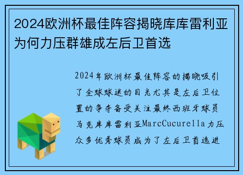 2024欧洲杯最佳阵容揭晓库库雷利亚为何力压群雄成左后卫首选