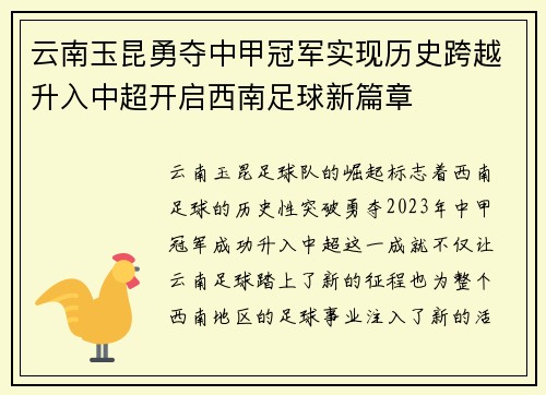 云南玉昆勇夺中甲冠军实现历史跨越升入中超开启西南足球新篇章 云南玉昆勇夺中甲冠军实现历史跨越升入中超开启西南足球新篇章